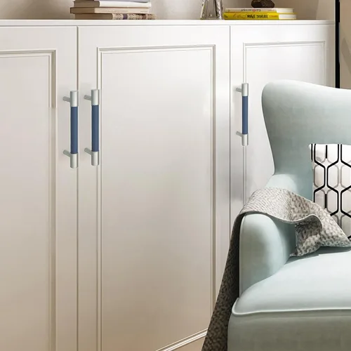 Vista 6 de Tirador de cuero azul de 3.78 pulgadas para armario, pomos de acero cepillado, accesorios modernos para muebles