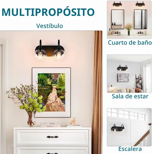 Vista 6 de Dpyrrhic Moderna lámpara de tocador de 2 luces, accesorio de iluminación de baño sobre espejo con pantalla de vidrio transparente y base de metal