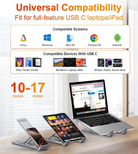 Vista 5 de Base de acoplamiento USB C de 5 en 1 con soporte para portátil de aluminio ajustable, concentrador USB C con 4 puertos USB A 3.0 con transferencia
