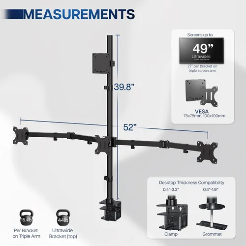 Vista 3 de VIVO Soporte de escritorio extra alto para monitor cuádruple para ultraanchos de hasta 49 pulgadas en el soporte superior y pantallas de 27 pulgadas