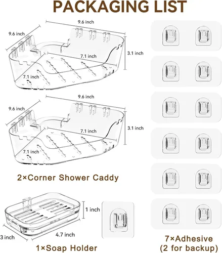 Vista 6 de Organizador esquinero para ducha, paquete de 3 unidades, acrílico transparente Large Capacity, Corner Shower Shelves with Soap Holder and Hooks