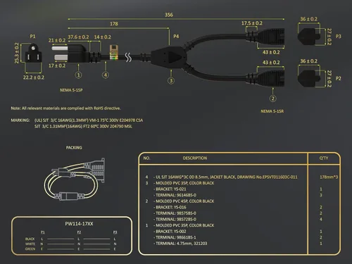 Vista 8 de CableLeader - Cable divisor de cable de alimentación, 2 NEMA 5-15R a 1 NEMA 5-15P, cable divisor en Y, extensión de cable de alimentación y divisor