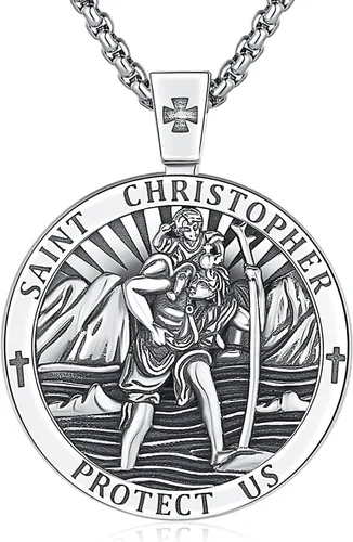 Vista 25 de Aniu 925 Sterling Silver Saint Medal Necklace Religious Amulet Jewelry Gift Concha de abulón - Redondo - Collar de San Cristóbal - H