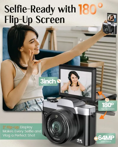 Vista 5 de Cámara digital 4K para fotografía con WiFi, cámara de videoblogs de 64 megapíxeles con enfoque automático para YouTube, cámara compacta de viaje