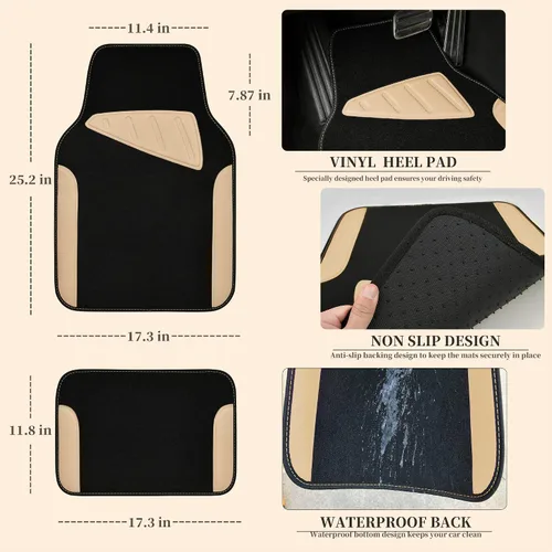 Vista 2 de CAR PASS - Juego de tapetes impermeables universales para vehículo, SUV, camioneta, sedán o camión, juego de 4 tapetes y refuerzo para talón, beige