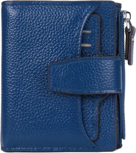 Vista 21 de Cartera de cuero con bloqueo RFID para mujer, pequeña, compacta, doble cremallera, con ventana para identificación