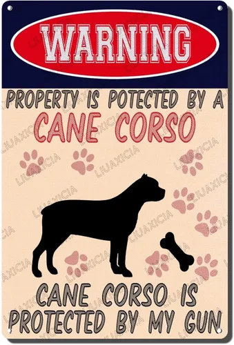 Vista 19 de LIUAXICIA Letreros divertidos de metal con texto en inglés "Warning Property is Potected by A American Bulldog is Protected by My Gun" The Coffee