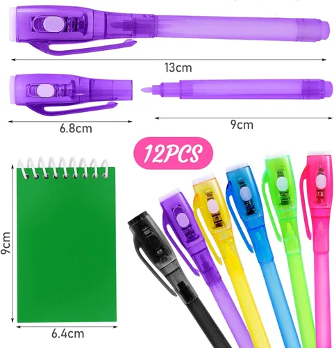 Vista 2 de 12 bolígrafos de tinta invisible y mini cuaderno, bolígrafo espía con luz UV para niños, bolígrafos de tinta que desaparecen para escribir mensajes
