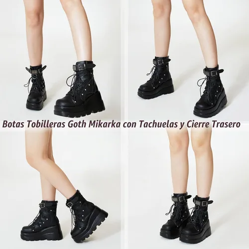 Vista 2 de mikarka Botas holográficas de plataforma para mujer, con cordones en el tobillo, con tachuelas y hebilla, góticas, de cuña apilada, botines