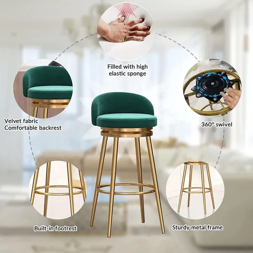 Vista 4 de Juego de 3 taburetes de bar modernos de terciopelo con respaldo y reposapiés, taburetes de bar giratorios de 360°, taburetes de bar sin brazos