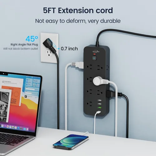 Vista 6 de Regleta de protección contra sobretensiones con puertos USB, 14 salidas de CA con 4 puertos USB (1 USB C), cable de 5 pies con múltiples tomas, 1875