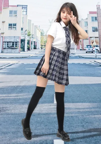 Vista 6 de PROCOS Disfraz de talla estadounidense para mujer, uniforme japonés con corbatín a cuadros, 5 piezas para Navidad