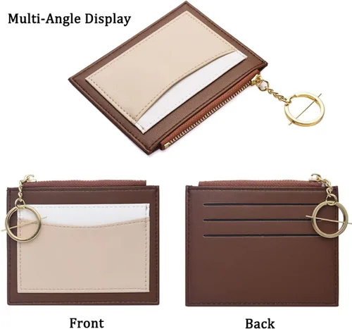 Vista 2 de MaziZhang Tarjetero de crédito para mujer, cartera delgada con llavero, monedero pequeño minimalista para el día de la madre, Marrón, Minimalista