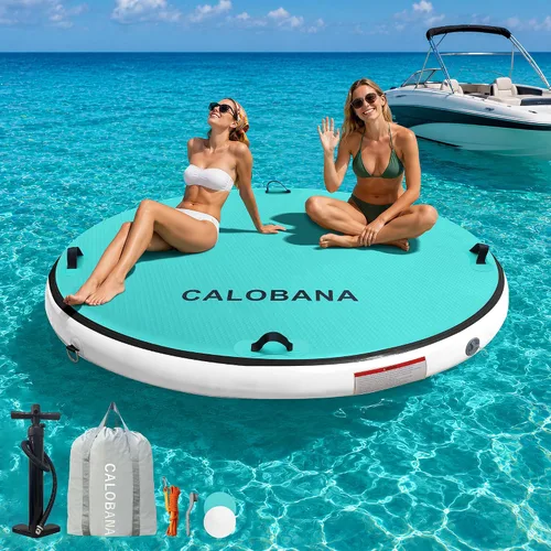 Vista 9 de CALOBANA Hamaca de agua inflable redonda flotante, flota lago isla balsa plataforma de muelle inflable para adultos, piscina, río, fiesta en la playa