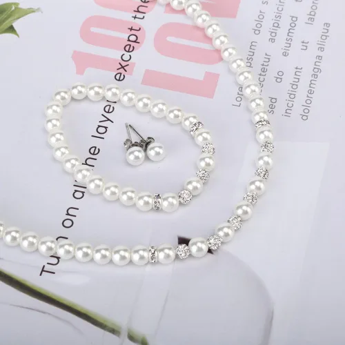 Vista 4 de Collar de perlas de imitación de cristal de imitación de cristal blanco de 14.5 pulgadas de 0.236 in, pulsera de pendientes, cuentas de arcilla
