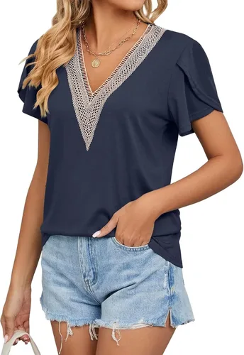 Vista 4 de WELINCO Camisetas básicas de verano para mujer, cuello en V, manga de pétalo, estilo casual