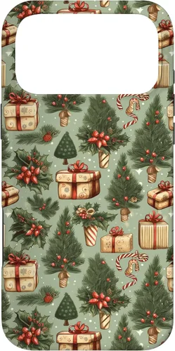 Vista 22 de Vintage Christmas Theme Holiday Trees, Presents, Teal, Bows Case for iPhone 17