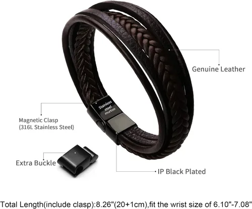 Vista 2 de murtoo Pulsera de cuero para hombre con cierre de piel de vaca multicapa trenzada pulsera para hombre
