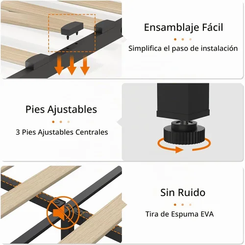 Vista 7 de Marco de cama Queen con cabecero, marco de cama LED tapizado, sin somier Base de cama tapizada tamaño queen con estación de carga tipo C y USB