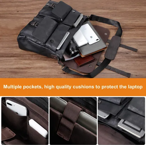 Vista 4 de Bolso bandolera de cuero para hombre, 14, 15.6, 17.3 pulgadas, bolso de cuero vintage para laptop, maletín, bolsa de trabajo grande