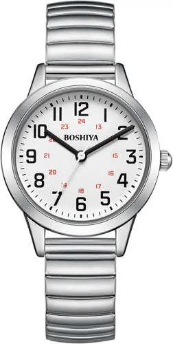 Vista 8 de BOSHIYA Relojes para mujer Easy Reader de 1.181 in de acero inoxidable con banda de expansión plateada dorada para mujer, reloj de pulsera pequeño