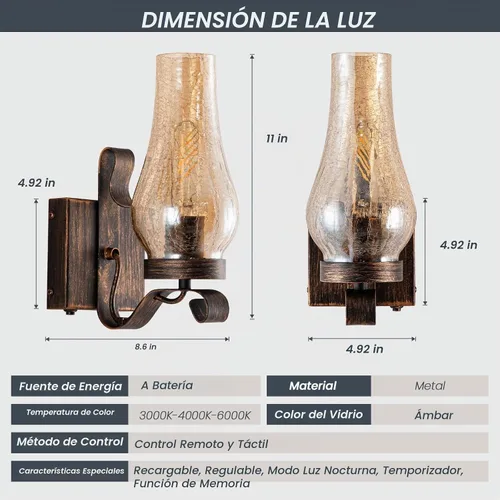 Vista 6 de Apliques de pared vintage de granja, lámparas de pared a pilas, luces de pared recargables, vidrio agrietado de hielo, rústico, sin cableado, juego