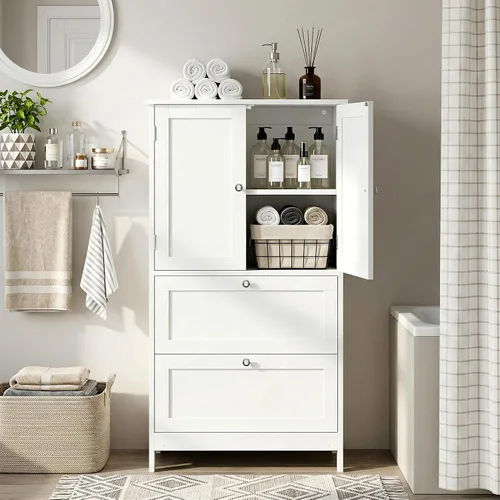 Vista 2 de ZenStyle Armario de almacenamiento de piso de baño, organizador de cocina con 2 cajones y 2 puertas, estante ajustable de 5 alturas independientes