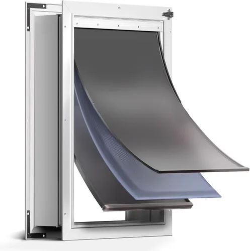Vista 8 de Puerta de perro de 3 solapas para pared, puerta grande de aleación de aluminio, puerta para mascotas de montaje en pared para perros con 2