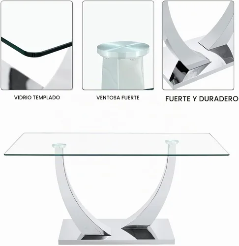 Vista 4 de Mesa de comedor moderna de vidrio de 63 pulgadas para 4-6, mesa de comedor rectangular de vidrio con vidrio templado de 0.39 pulgadas y base