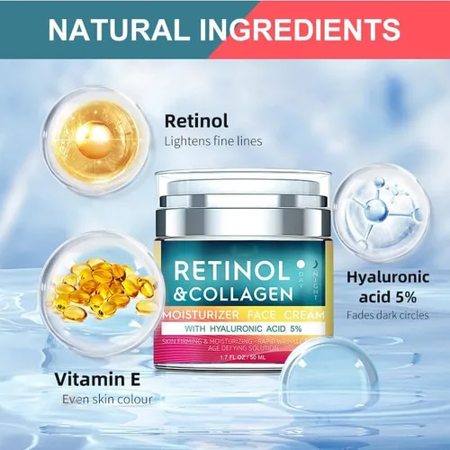 Vista 4 de Crema de retinol para cara con ácido hialurónico, hidratante antienvejecimiento de día y noche para mujeres y hombres, crema de colágeno