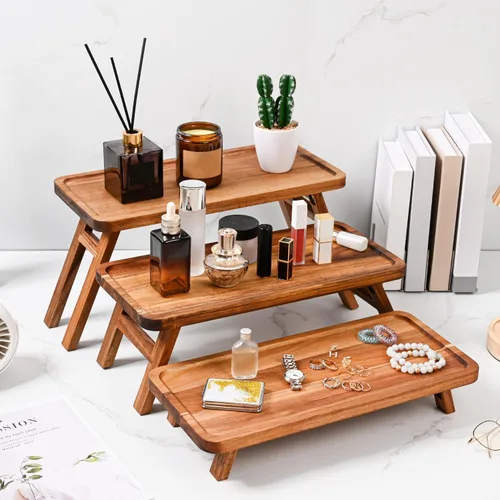 Vista 9 de GEHE Bandeja de servir de 3 niveles, bandeja escalonada de madera de acacia plegable, juego de exhibición de mesa de postre, decorada para tablas