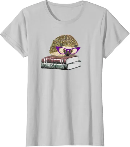 Vista 22 de Adorable erizo libro NERD playera de manga corta, Marino Negro