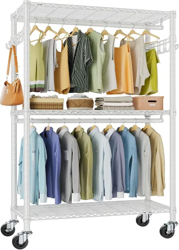 Vista 13 de VIPEK R2 - Perchero mediano con ruedas y ganchos laterales, resistente para colgar ropa, ajustable con alambre de metal, armario portátil con ruedas