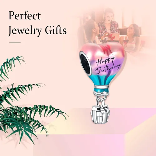 Vista 4 de LaMenars Happy Birthday Heart Charm for Bracelets 925 Silver Beads for Women's Bracelets & Necklaces Balloon & Cake Dangle Pendant for Mother's Day
