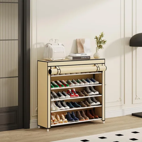Vista 5 de Calmootey Zapatero organizador de 5 niveles para 25 pares, estante portátil para zapatos con cubierta de tela no tejida para armario, pasillo