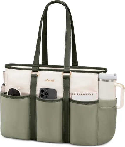 Vista 21 de LOVEVOOK bolso tote vintage para laptop para mujer, Beige-Negro, 15,6 pulg., Moda