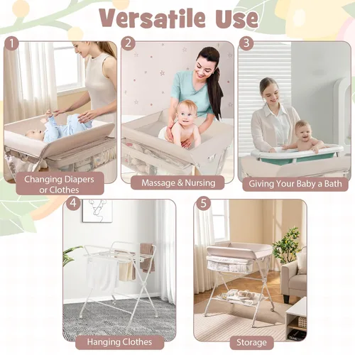 Vista 8 de BABY JOY Cambiador portátil para bebé, estación de cambio de pañales plegable con ruedas, altura ajustable, estante de almacenamiento grande