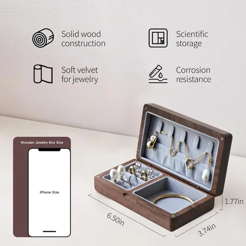Vista 2 de Joyero pequeño de madera de nogal Mini joyero de viaje de madera, organizador portátil para anillos, aretes, collares y pulseras de almacenamiento