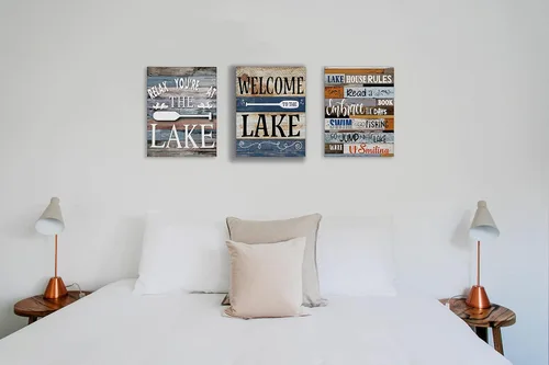 Vista 3 de Lienzo decorativo con texto en inglés "Welcome to The Lake House Rules Relax You're At The Lake", letreros artísticos enmarcados para decoración