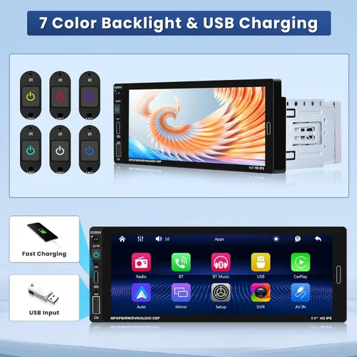 Vista 12 de [Fuluku] Estéreo de coche de 6,9 pulgadas de un solo DIN con Carplay inalámbrico Android Auto Wireless Carplay Android Auto,1 Din Car Radio BT