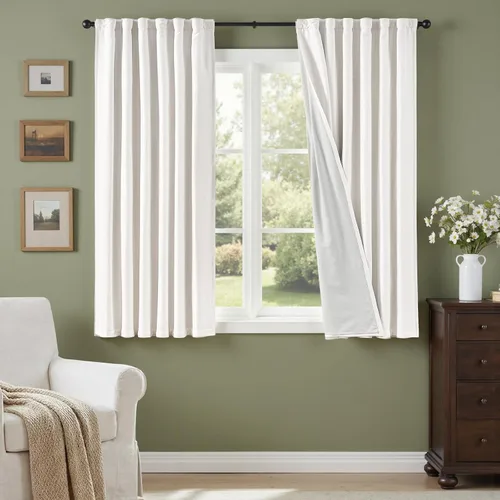 Vista 13 de Cortinas opacas completas de 63 pulgadas de largo para dormitorio, cortinas texturizadas de lino beige con forro con aislamiento térmico, cortinas