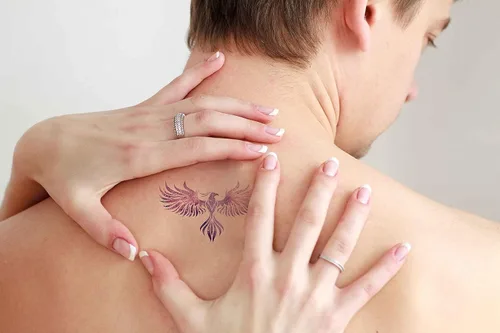 Vista 3 de 6 hojas de tatuajes temporales Phoenix Purple Bird Starrysky tatuajes falsos a mano para mujeres y niñas