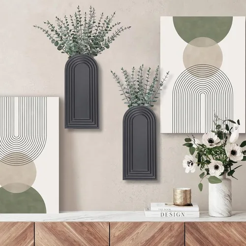 Vista 2 de Dnnnii Juego de 2 jarrones de pared de madera, acabado negro, decoración de pared moderna de granja y bohemio para entrada, pasillo, baño, sala
