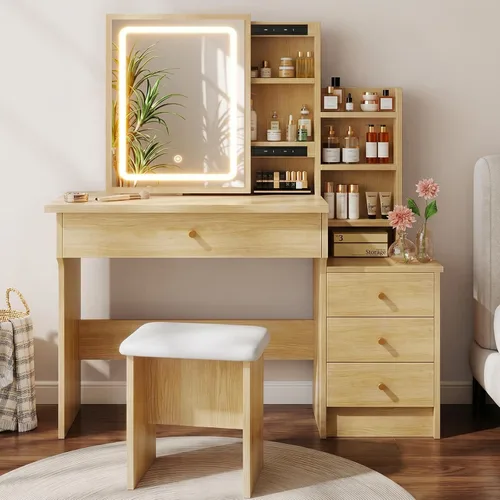 Vista 12 de Escritorio negro con espejo deslizante y luces, escritorio de maquillaje