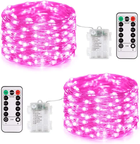Vista 15 de JMEXSUSS Paquete de 2 Luces de Hadas Verdes a Batería, Total 200 LED 66 pies Luces de Cadena Parpadeantes con Control Remoto, 8 Modos de Luces