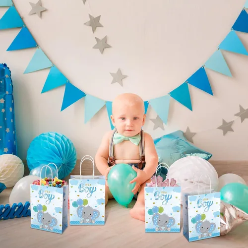 Vista 5 de Zonon Paquete de 16 bolsas de regalo para baby shower, bolsas de regalo de fiesta de elefantes con asa temática de elefante, regalos de fiesta
