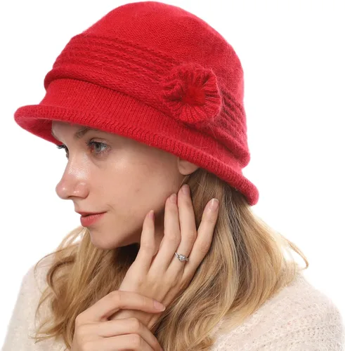 Vista 8 de C-US - Gorro de punto cálido para mujer, con visera de ganchillo con acento de flores