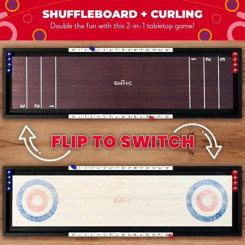 Vista 2 de Swooc Games® Shuffleboard y Curling Premium 2 en 1 Mesa de Shuffleboard de Madera Maciza 100% (4 pies) Más de 5 Formas de Jugar