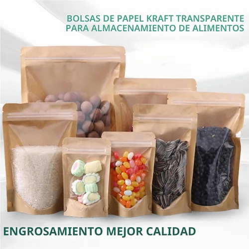 Vista 6 de 50 bolsas de papel kraft con ventana frontal transparente, bolsas resellables verticales con cierre hermético, bolsas de almacenamiento