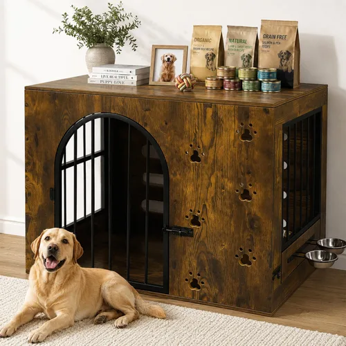 Vista 7 de Mueble de jaula para perros pequeños y medianos, perrera de metal de madera resistente para interiores con cuencos, jaula decorativa para mascotas
